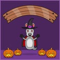 Cute Donkey Animal wearing Vampire Halloween Custome, With Blank Space Banner, Pumpkins and Flying Position. Royalty Free Stock Photo