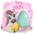Cute donkey with an easter egg. Easter character and postcard Royalty Free Stock Photo