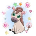 Cute donkey in flowers, with balloons, spring theme. Postcard for the holiday. Royalty Free Stock Photo