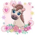 Cute donkey in flowers, with balloons, spring theme. Postcard for the holiday. Royalty Free Stock Photo