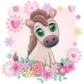 Cute donkey in flowers, with balloons, spring theme. Postcard for the holiday. Royalty Free Stock Photo