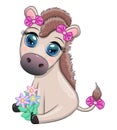 Cute donkey in flowers, with balloons, spring theme. Postcard for the holiday Royalty Free Stock Photo