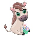Cute donkey in flowers, with balloons, spring theme. Postcard for the holiday Royalty Free Stock Photo