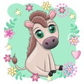 Cute donkey in flowers, with balloons, spring theme. Postcard for the holiday. Royalty Free Stock Photo