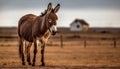Cute donkey grazing on grass in a rural meadow at sunset generated by AI