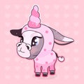 Cute donkey kawaii cartoon vector character. Adorable and funny animal in unicorn costume isolated sticker, patch, girlish