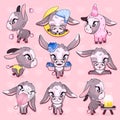 Cute donkey kawaii cartoon vector characters set. Adorable and funny mule, burro animal isolated stickers, patches. Anime baby