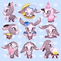 Cute donkey kawaii cartoon vector characters set. Adorable and funny mule, burro animal isolated stickers, patches, girlish