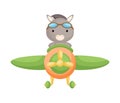 Cute donkey pilot wearing aviator goggles flying an airplane. Graphic element for childrens book, album, scrapbook, postcard,