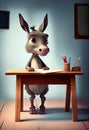 Cute donkey schoolboy doing homework. AI generated