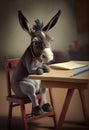 Cute donkey schoolboy doing homework. AI generated