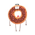 Cute donut character with chocolate glazing, cartoon funny dessert character vector Illustration