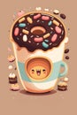 Cute donut coffee illustration. For print