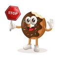 Cute donut mascot holding stop sign, street sign, road sign