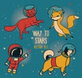 Cute doodle astronaut and animal-astronauts and retro style rocket floating in space