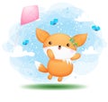 Cute doodle baby fox girl flying with kites cartoon character Premium Vector