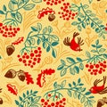 Cute doodle background with autumn colorful leaves, birds, rowa Royalty Free Stock Photo