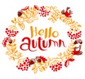 Cute doodle background with autumn colorful leaves, birds, rowa Royalty Free Stock Photo