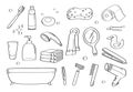 Cute doodle bathroom accessories cartoon icons and objects. Royalty Free Stock Photo