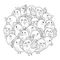 Cute doodle birds circle shape coloring page. Funny characters mandala