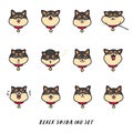 Cute black shiba inu`s head emotions. Stickers vector set.