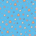 Cute doodle blue star and daisy flowers seamless pattern
