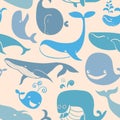 Cute doodle Blue Whales. Marine seamless background. Royalty Free Stock Photo