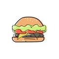 Cute doodle burger in doodle style, Fast food and instant food