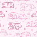 Cute doodle Camper Vans, Caravans and Motorhomes - seamless pattern, hand drawn background, great for textiles, banners,