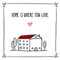 Cute doodle card design with phrase about home and small sketch