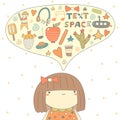 Cute doodle card, postcard with girl thinking about different things Royalty Free Stock Photo