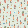 Cute doodle carrot and hearts neutral vector seamless pattern