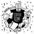 Cute doodle cartoon of coffee cup design with coffee time text for coffee shop background Royalty Free Stock Photo