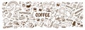 Cute doodle cartoon coffee shop icons. vector outline hand drawn for coffee and bakery for cafe menu, including supply item