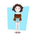 Cute Doodle Cartoon Curly Girl Wear Modern Hipster Clothes
