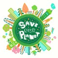 Cute doodle cartoon Globe image with trees, cities, flowers and lettering