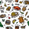 cute doodle cartoon regional tasty Thai foods popular menu , desserts ,fruit and ingredients. drawing seamless pattern background Royalty Free Stock Photo