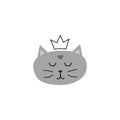 Cute doodle cat face with outline crown.