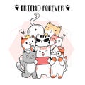 Cute doodle cat friend gang take selfie, friend forever, graphic vector hand drawn, idea for cut file and silhouette, sublimation