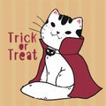 Cute doodle cat vampire custume Trick or treat Halloween cartoon clip art flat vector, idea for greeting card, printable card,