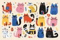 Cute doodle cats. Funny abstract cat or kitten characters different poses, flat colored naive art, simple hand drawn