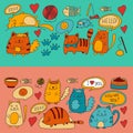 Cute doodle cats, kitty Domestic cats Vector sets with cute kittens for pet shop, cattery, veterinary clinic Doodle Royalty Free Stock Photo