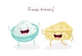 Cute doodle characters bowl of cottage cheese and slab of cheese are the best friends forever.