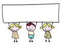 Cute doodle children holding blank banner sign. Royalty Free Stock Photo