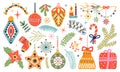 Cute doodle christmas decorations. Cute xmas stickers, handcraft toys and new year elements. Retro gift, decorative