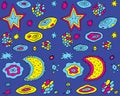 Cute doodle colorful backdrop witn night sky. Cartoon line pattern with the moon, stars and clouds. Vector illustration