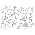 Cute doodle dentist set with various dental equipment