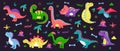 Cute doodle dinosaurs, dino baby collection. Loving animals, tropical plants isolated on black, reptile characters of
