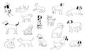 Cute doodle dog. Line black and white funny puppies, hand drawn pencil illustration, cartoon smiley pets walking sitting