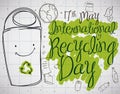 Cute Doodle Drawings with Recycle Bin for Recycling Day, Vector Illustration Royalty Free Stock Photo